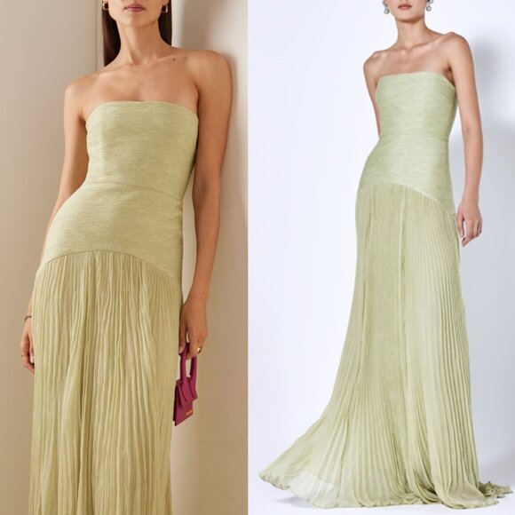 Alexis Sunniva Sage Green‎ Pleated Strapless Plissé Maxi Dress Gown Size L - Picture 14 of 14